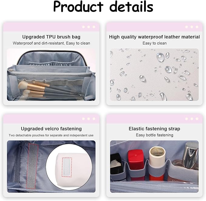 BOYATU Travel Makeup Bags for Women: Vegan Leather Cosmetic Bag Set of 3 - Large Capacity Make up Bag with Divider - Wide Open Waterproof Toiletry Organizer Bag with Handle (05-Off-White)