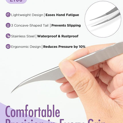 BEYELIAN Eyelash Extension Tweezers, Professional Lashes Tweezers for Make Fans, Curved Tip Stainless Steel JT08