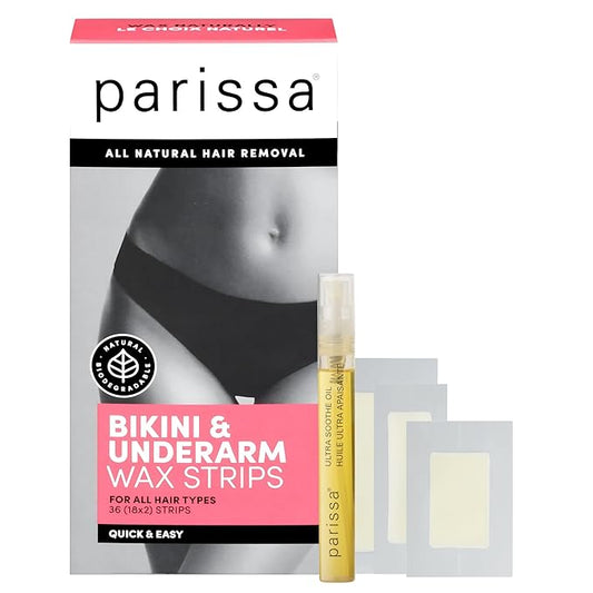 Parissa Bikini Wax Strips Kit | Ready-to-Use Hair Removal for Bikini, Brazilian & Underarm | Natural, Sensitive Skin Formula with Post-Wax Ultra Soothe Oil | 36 Strips (18 x 2), 3 Sizes