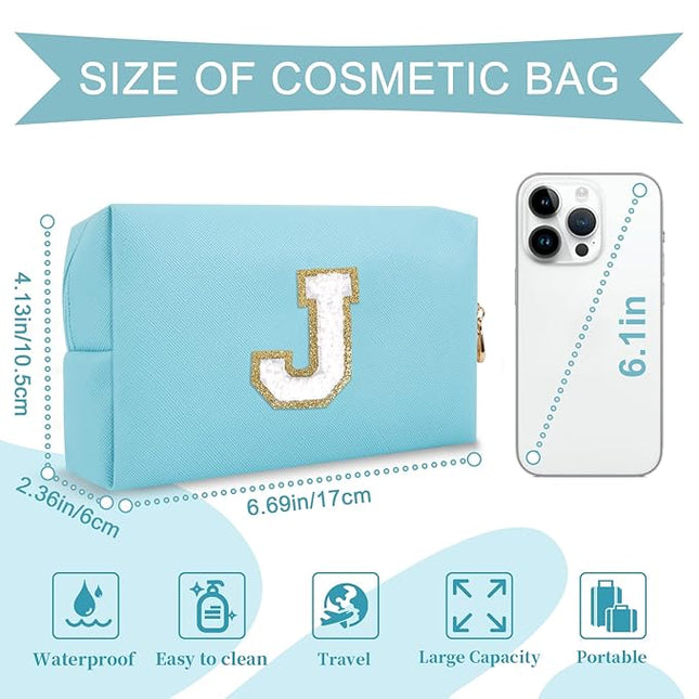 Small Personalized Initial A-Z Preppy Patch Makeup Bag,PU Chenille Letter Travel Cosmetic Pouch with Zipper,Blue Cute Toiletry Bag,Gift Ideal for Teen Girls Women Teacher Bridesmaid,Letter J