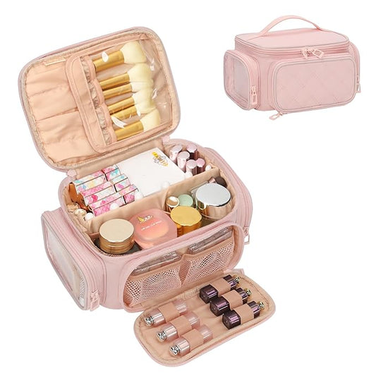 OCHEAL Large Makeup Bag,Cosmetic Organizer for Women with Zipper Pouch and Side Pocket, Multifunctional Compartments and Dividers,Travel Makeup Case for Toiletries, Brushes & Beauty Tools-Pink