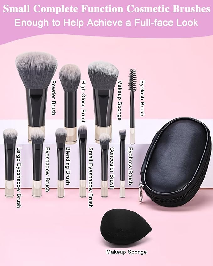 Mini Travel Makeup Brushes Portable Set, 14 Pieces, Full Complete Function Cosmetic Kit with Brush Pouch, On the Go Short Makeup Brush Small Travel Essentials for Women, Girls (Black)