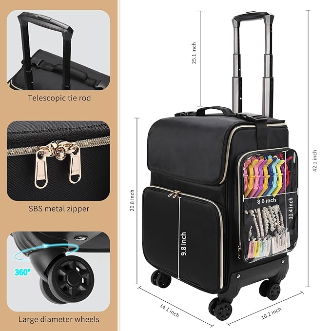 OCHEAL Hairstylist Traveling Case - 360° Rotatable Wheels, Heat Insulation Cosmetic Makeup Trolley Train Case for Hairstylists Hairdressers, Detachable Pouch, Hairdressing Tool Organizer