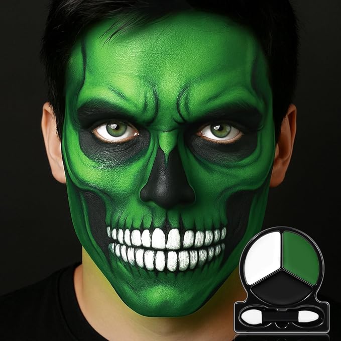White Black Green Face Body Paint with Applicator, Oil Based Face Painting Kit for Zombie, Monster, Witch Halloween Makeup, Cosplay, Costume, SFX Special Effect and Parties - Compact, Travel Size