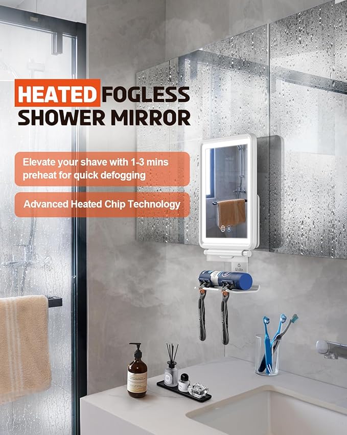 Heated Shower Mirror Fogless for Shaving, 3 Color Dimmable Lights Shower Mirror Fogless, Rechargeable Anti-Fog Shaving Mirror with Razor Holder, Storage Tray, Squeegee