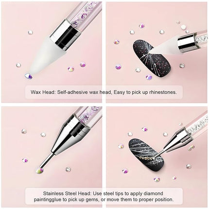 Vikerer Rhinestone Picker Tool, Dual-ended Rhinestones Applicator Nail Art Design Tool, 2 Pack Acrylic Handle Nail Pen with 4 Extra Wax Tips and1 Tweezer