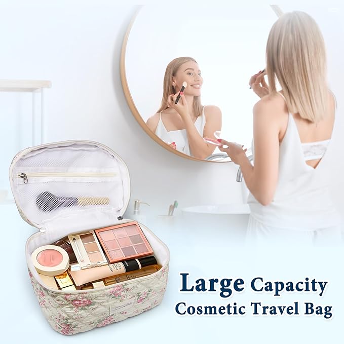 VIWIME Makeup Cosmetic Bag, Large Cotton Quilted Travel Coquette Aesthetic Cute Floral Make up Bag for Women Toiletry Bag Organizer (PinkFlower4Pcs)
