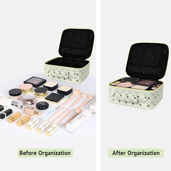 Travel Makeup Bag,Waterproof Cosmetic Organizer, Adjustable Dividers,Portability Cosmetic Train Case,Makeup organizer,Gift for Women,Girls Gift (Green+Yello)