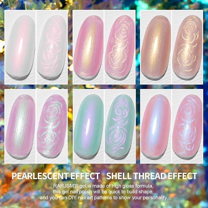 RARJSM Pearl Gel Nail Polish Shell Glitter Pearlescent Shell Gel Polish Set 6 Colors Pink White Green Purple Shimmer Mermaid Swirl Thread Effect Soak Off Curing Requires DIY Manicure Use