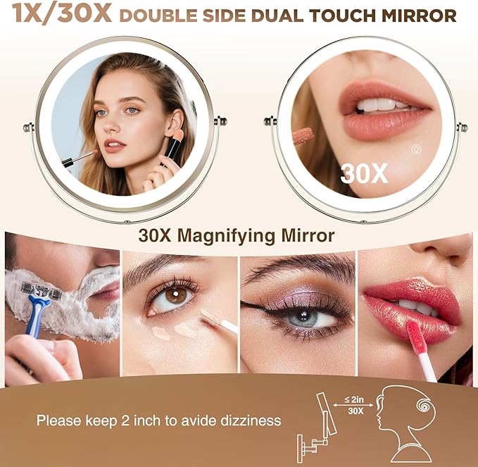 30X Wall Mounted Makeup Mirror with Lights,3 Color Modes Dimmable & Adjustable Double Side, Bathroom Vanity Makeup Mirror with 360 Rotation Extendable Swivel Arm,Magnifying Mirror - Brushed Nickel