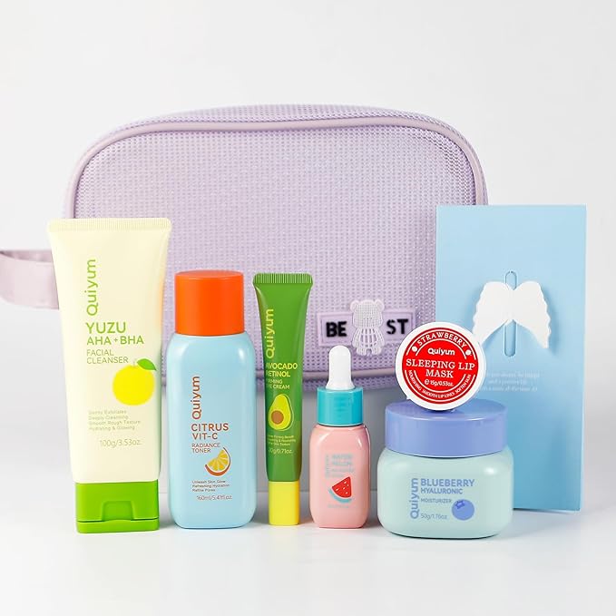 Fruit Skin Care Kit for Girls Teen, 6 Daily Routine Beauty Skincare Sets- Gift Set with Facial Cleanser, Vit-C Toner, Eye Cream, Hyaluronic Acid Cream, Serum, Lip Mask, Face Care Set for Travel