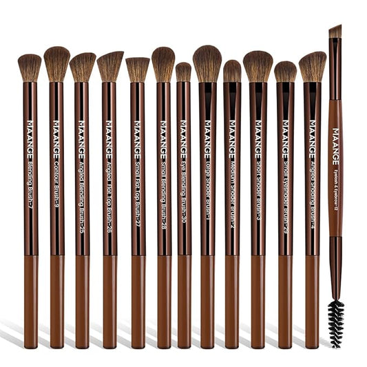 MAANGE 13 Pcs Makeup Brushes with Bag, Multi-functional Eye Makeup Brush Set Professional Blending Eyeshadow Concealer Eyebrows Eyeliner (Brown)
