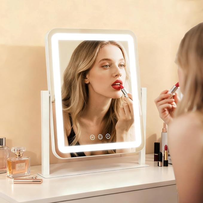 Vanity Mirror with Lights 11x15 Inch, Smart Touch Control, 3 Color Lighting Modes, Table Top Mirror with Stand for Bedroom