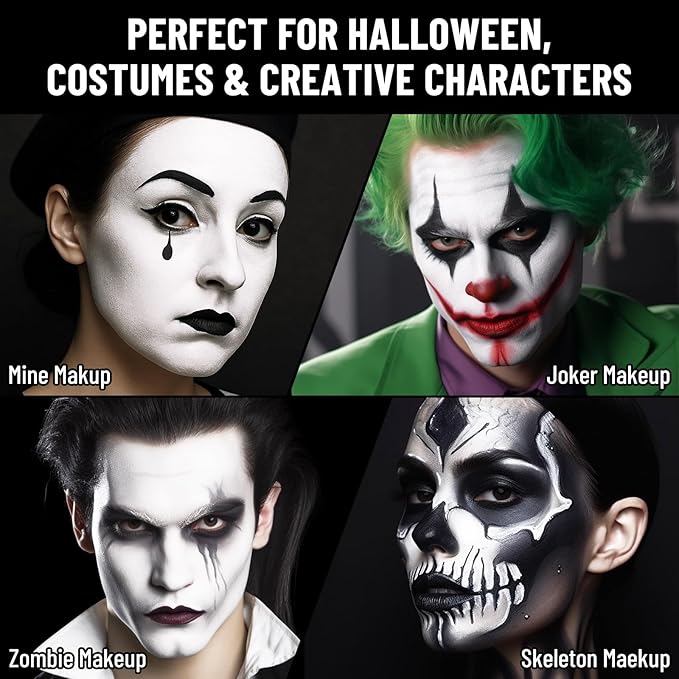 BOBISUKA Halloween Black and White Face Body Paint Oil Based Face Painting Kit for Adult Non Toxic Large Capacity Facepaint for Cosplay Clown Skeleton Vampire Special Effects Makeup