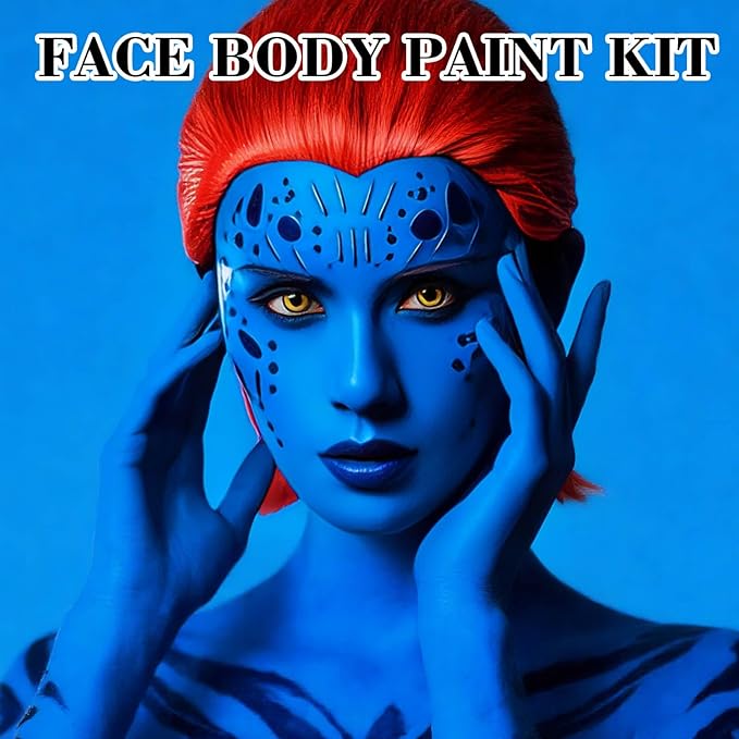 White Blue Face Body Paint with Sponges,1.01oz/pc Water Based Dark Blue Face Painting Kit for Avatar Smurf Mystique Cosplay Makeup,Halloween SFX Makeup Body Paint for Adults and Kids