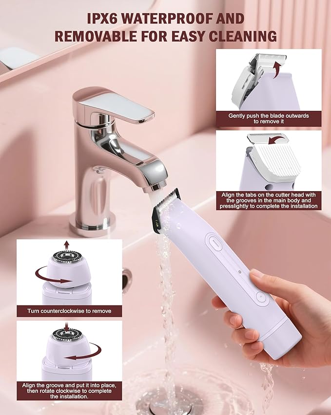 2 in 1 Women Electric Shaver - Dual Head Bikini Trimmer for Women Waterproof Wet & Dry Use Body Hair Trimmer and Facial Hair Remover, Painless Razors for Bikini Underarm Leg Arm Body Face, Purple