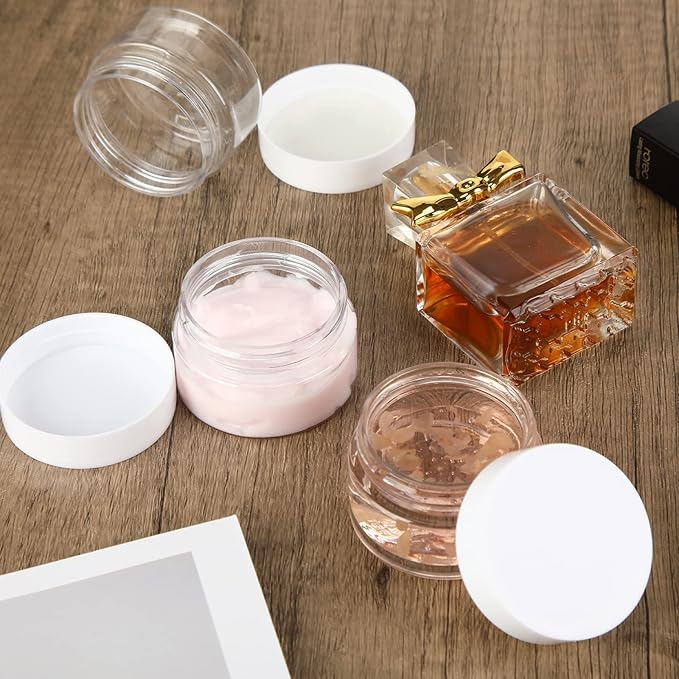 SATINIOR 100 Pcs Plastic Jars with Lids Small Containers Lids Wide Mouth Small Plastic Containers for Lotion Cream Rhinestones Body Butters Travel Storage (2 oz,White)