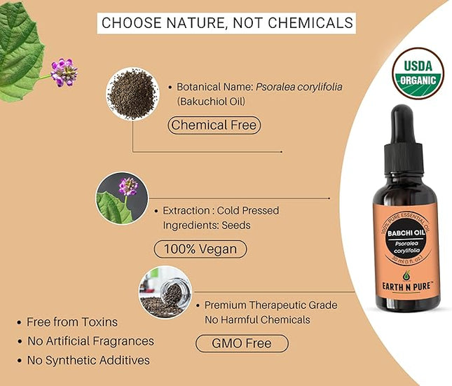 Earth N Pure Babchi Oil (Bakuchi Oil) Cold Pressed, Natural & Therapeutic Grade with Glass Dropper - 100 ml