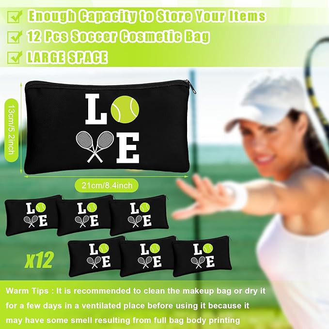 Moukeren 12 Pieces Tennis Makeup Bag Cosmetic Bag Travel Portable Storage Toiletry Case Accessories with Zippers Tennis Gifts for Lovers Players Teams Women Girls(Black)