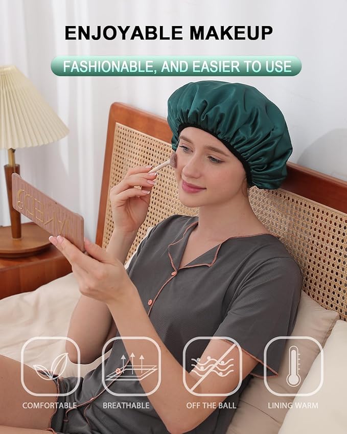 YIZIJIZI Triple Layer Reusable Waterproof Shower Cap for Women Large Terry Lined Hair Cap for Long Thick Hair Travel Bath Care Blackish Green