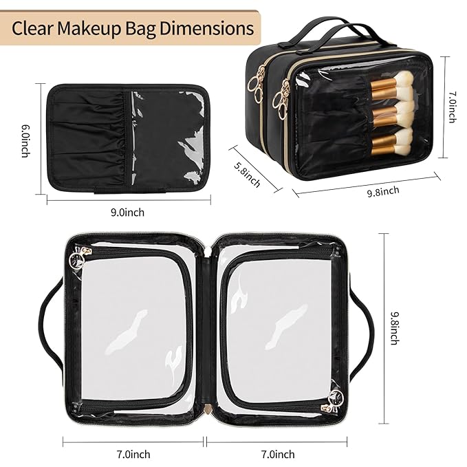 OCHEAL Clear Makeup Bag, Double Layer Cosmetic Bag, Large Capacity Minimalist Cosmetic Case for Women Travel Beauty Essentials, Multiple Compartments Makeup Case Organizer Zipper Pouch -Clear