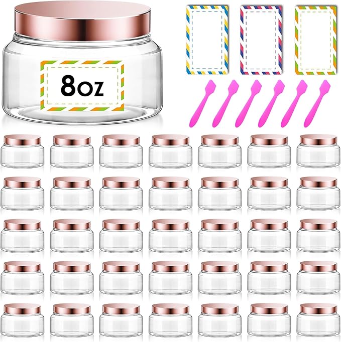 36 Pack 8 oz Plastic Cosmetic Containers With Lids Refillable Clear Empty Travle Jars Containers for Body Butter,Sugar Scrubs,Cream,Lotions,Candy, Waterproof Label&Spatulas - (Rose Gold Lid)
