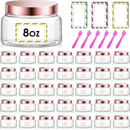 36 Pack 8 oz Plastic Cosmetic Containers With Lids Refillable Clear Empty Travle Jars Containers for Body Butter,Sugar Scrubs,Cream,Lotions,Candy, Waterproof Label&Spatulas - (Rose Gold Lid)
