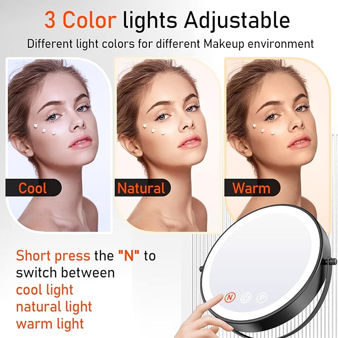 Makeup Mirror with Lights, 20X Magnifying Mirror with Light for Women, 5000 mAh Vanity Mirror with Lights and 3 Colors, 2-Sided Lighted Magnified Mirrors for Delicate Makeup, 9 Inch, Black