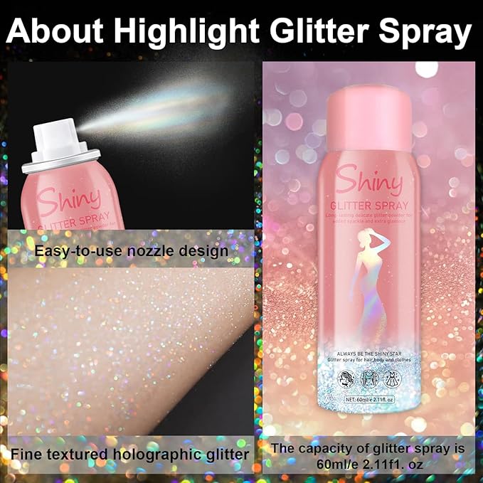 Hair and Body Glitter Spray – Holographic Body Glitter, Long-Lasting Quick-Dry Silver Glitter Hairspray, Shimmer Spray for Face, Clothes, Festival, Rave, Stage, Prom Party Makeup