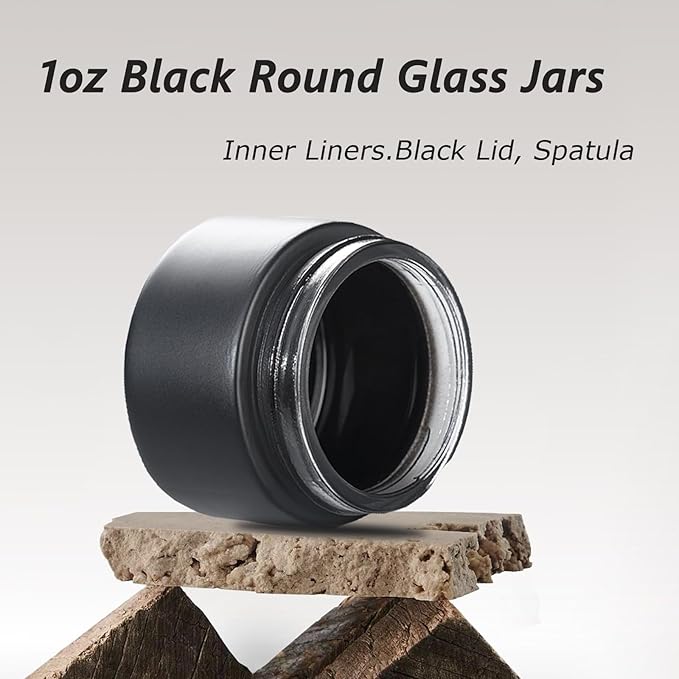 OverNews 48 1oz Black Glass Jar, Empty Cosmetic Lotion Containers,with Inner Liners,Black Lid, Spatula (Black）