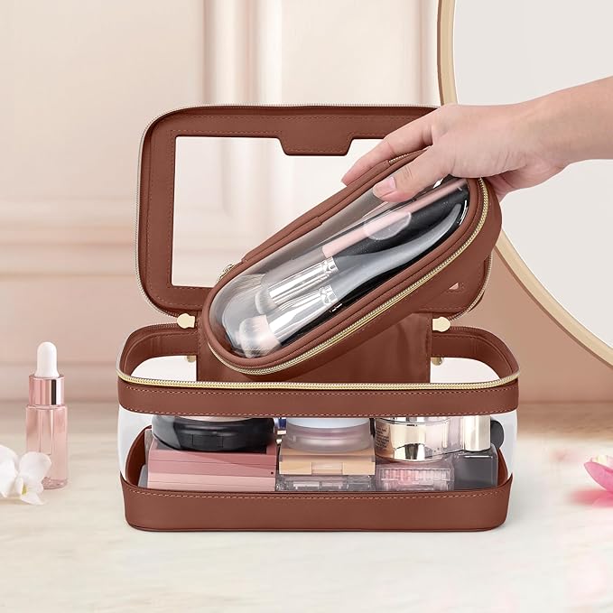 Travel Clear Makeup Bag with Makeup Brush Bag, Leather Makeup Case Toiletry Bag, Portable Cosmetic Bag Case, Transparent Waterproof Cosmetic Organizer Storage Bag for Women, Brown