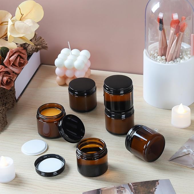 2oz Amber Glass Jars with Lids - 12 Pack Cosmetic Containers for Travel, Lotion, Cream