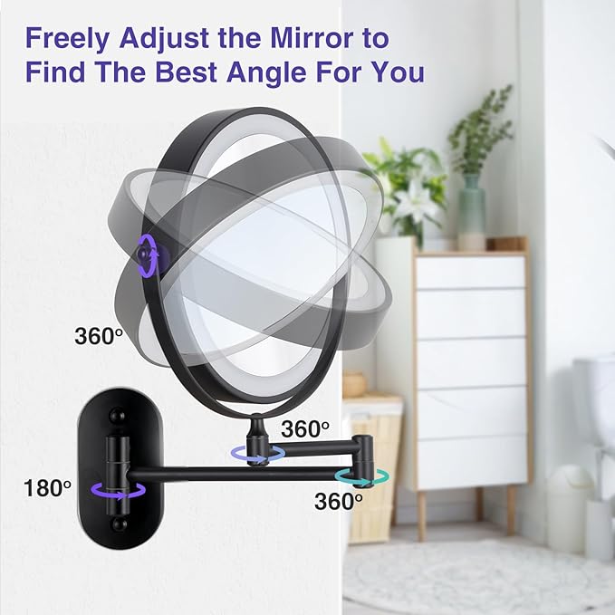 Wall Mounted Makeup Mirror with Light: 30X/1X 8.5'' Double Sided LED Magnifying Bathroom Mirror, Black