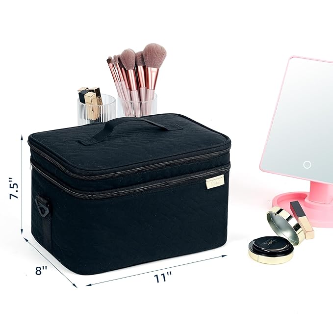 NISHEL Extra Large Double Layer Travel Makeup Bag Women, Cosmetic Organizer Case, Essentials Accessories with Shoulder Strap for Bottles, Brushes, Conditioner, Skin Care Products, Black