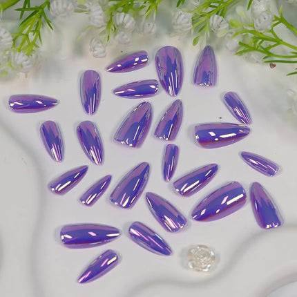Almond Press on Nails Medium Fake Nails with Chrome Aurora Designs Glossy Purple Nails Press ons Full Cover Acrylic Nail Cute Stick on Nail for Women 24 Pcs