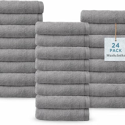 Welhome James 100% Cotton Textured Stripe Towels - 24 Pack Washcloths, Soft & Absorbent, Gray