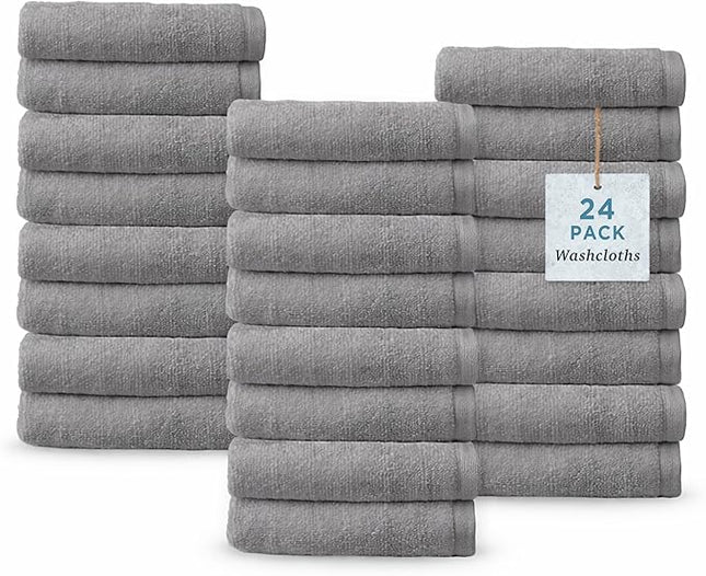 Welhome James 100% Cotton Textured Stripe Towels - 24 Pack Washcloths, Soft & Absorbent, Gray