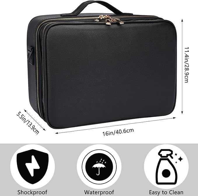 Travel Makeup Train Case, PU Leather Professional Makeup Case with Adjustable Strap Portable Cosmetic Organizer Artist Storage Bag for Toiletry Jewelry Digital Accessories (L-Black)
