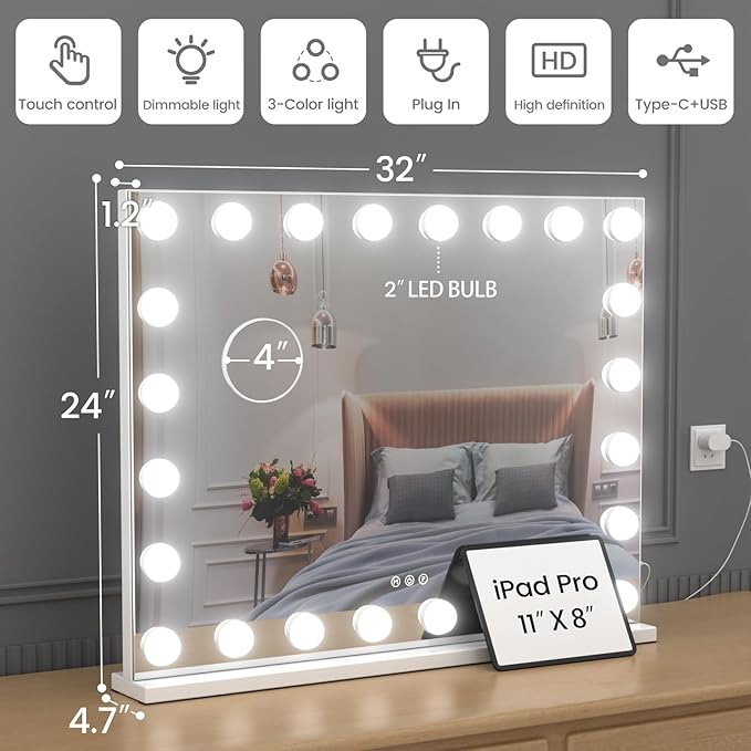 Vanity Mirror with Lights, 32"x 24" Large Hollywood Vanity Mirror with Detachable 10X Magnification & 24 Dimmable 3 Colors Modes LED Bulbs, Tabletop or Wall Mounted,White