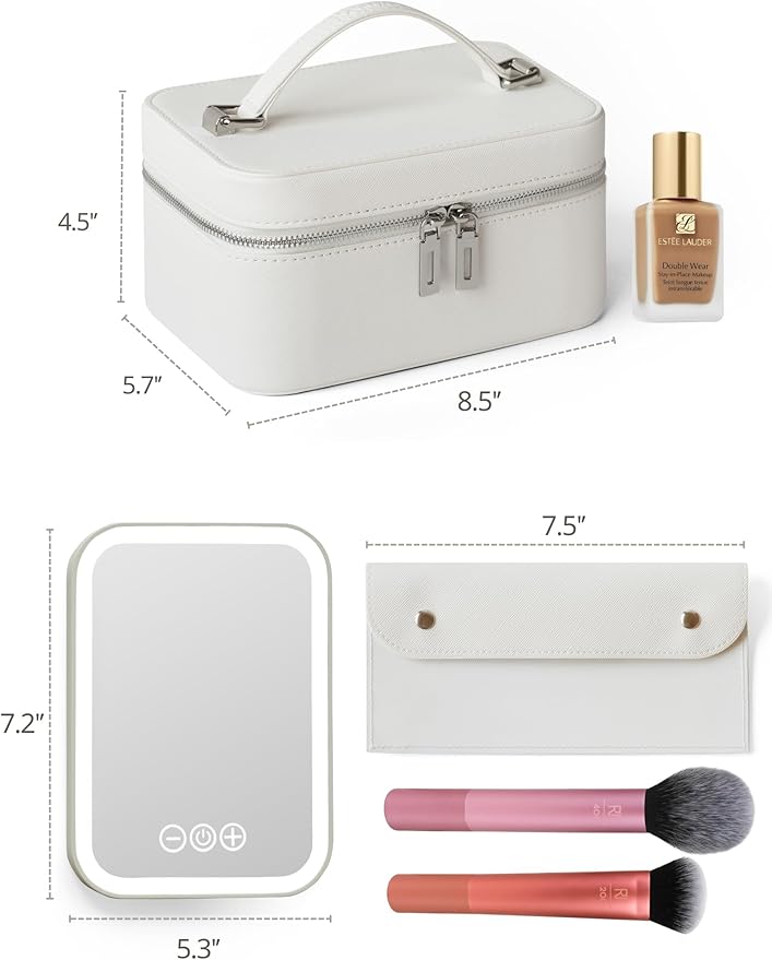 Popvibe Makeup Vanity Bag with Lighted Mirror, Compact Leather Travel Make Up Case with Brush Storage and Handle, White Small Train Case Luxury Cosmetic Case Lighted Up Toiletry Bag for Women, White