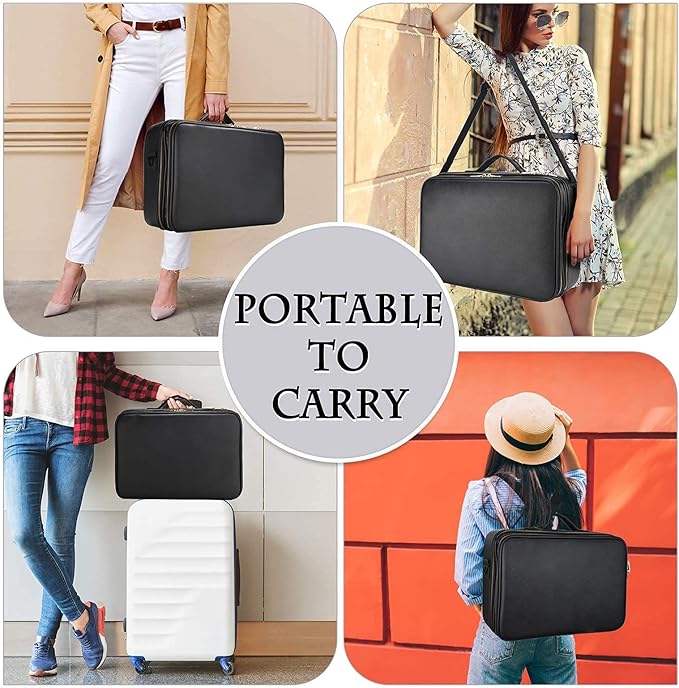 Travel Makeup Train Case, PU Leather Professional Makeup Case with Adjustable Strap Portable Cosmetic Organizer Artist Storage Bag for Toiletry Jewelry Digital Accessories (L-Black)