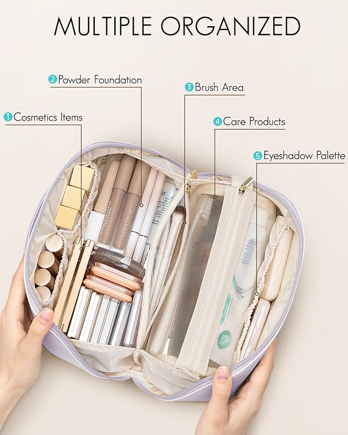 Vlando Makeup Bag,Large Capacity Toiletry Bag for Women Waterproof Portable Make up Pouch PU Leather Open Flat Cosmetic Bag(Purple)