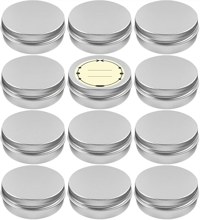 TUZAZO 12Pack 2 Oz Aluminum Tin Cans with Screw Lid and Labels, Refillable Travel Sized Cosmetic Containers Small Tins for Salves, Lotion Bars, Beard Balms, Candles