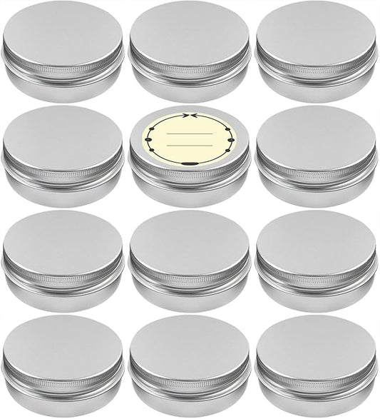TUZAZO 12Pack 2 Oz Aluminum Tin Cans with Screw Lid and Labels, Refillable Travel Sized Cosmetic Containers Small Tins for Salves, Lotion Bars, Beard Balms, Candles