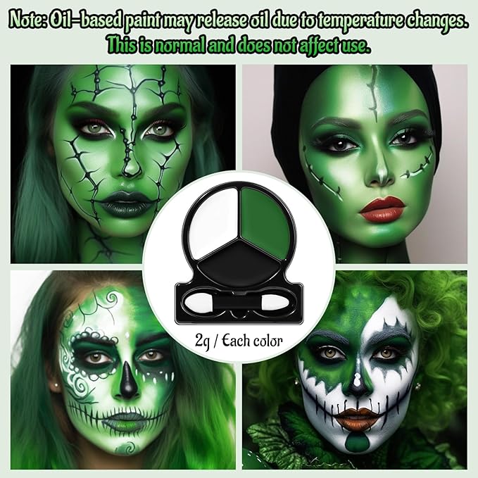 White Black Green Face Body Paint with Applicator, Oil Based Face Painting Kit for Zombie, Monster, Witch Halloween Makeup, Cosplay, Costume, SFX Special Effect and Parties - Compact, Travel Size