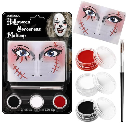 White Black Red Face Paint Clown Sorceress Halloween Makeup Kit Character Set for Kids Adults, Safe Non-Toxic Face Paint Kit for Costume Parties, SFX Makeup, Dress Up & Cosplay