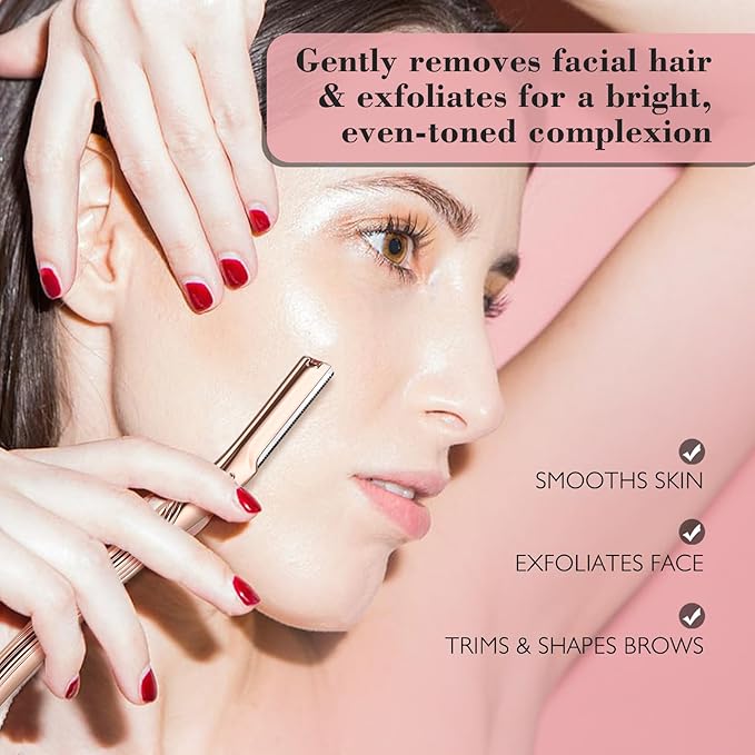 Eyebrow Razor, Face Razors for Women and Men, Reusable Metal Handle with 6 Refill Blades, Eyebrow Trimmer with Precision Cover, Dermaplane Razor, Skin Care Tool - Rose Gold