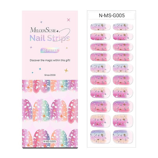 MelodySusie Semi Cured Gel Nail Strips, 20 PCS Gel Nail Stickers, UV Light Required, Durable & Salon Quality (Mermaid, Pink, Glitter, Letter Print)