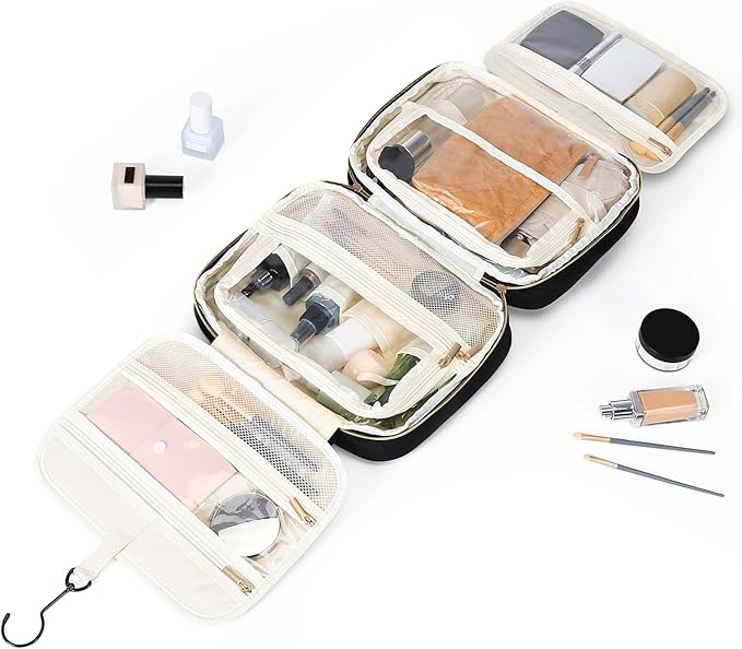 Travel Toiletry Bag Hanging Toiletry Bag for Women Water-resistant Cosmetic Makeup Bag for Full Sized Travel Essentials Must Have (Black)