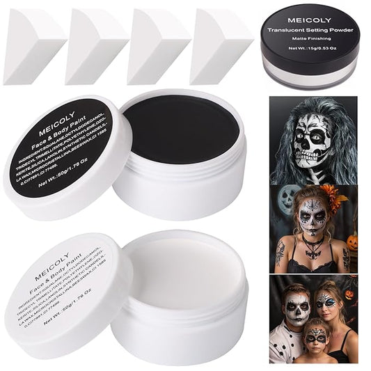 MEICOLY 7Pcs Halloween Makeup Kit - Black & White Face Paint, Oil Based Face & Body Paint for Adults & Kids - SFX Joker, Zombie, Vampire, Skull, Skeleton Makeup